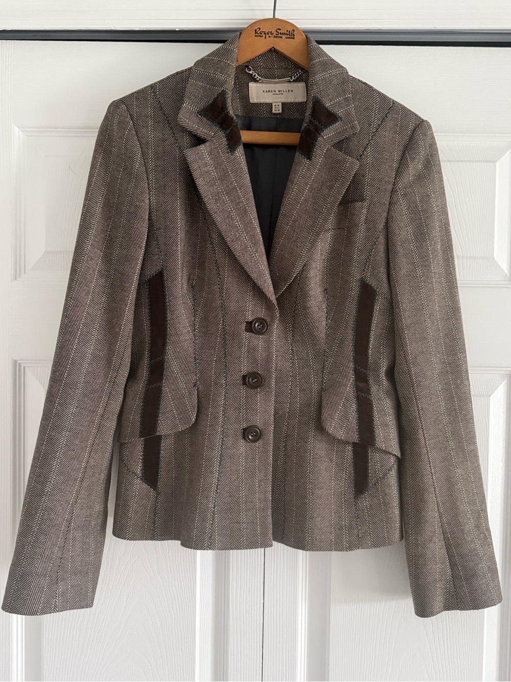Karen Millen Wool Blend Brown Tweed Button Front Blazer - Size 6